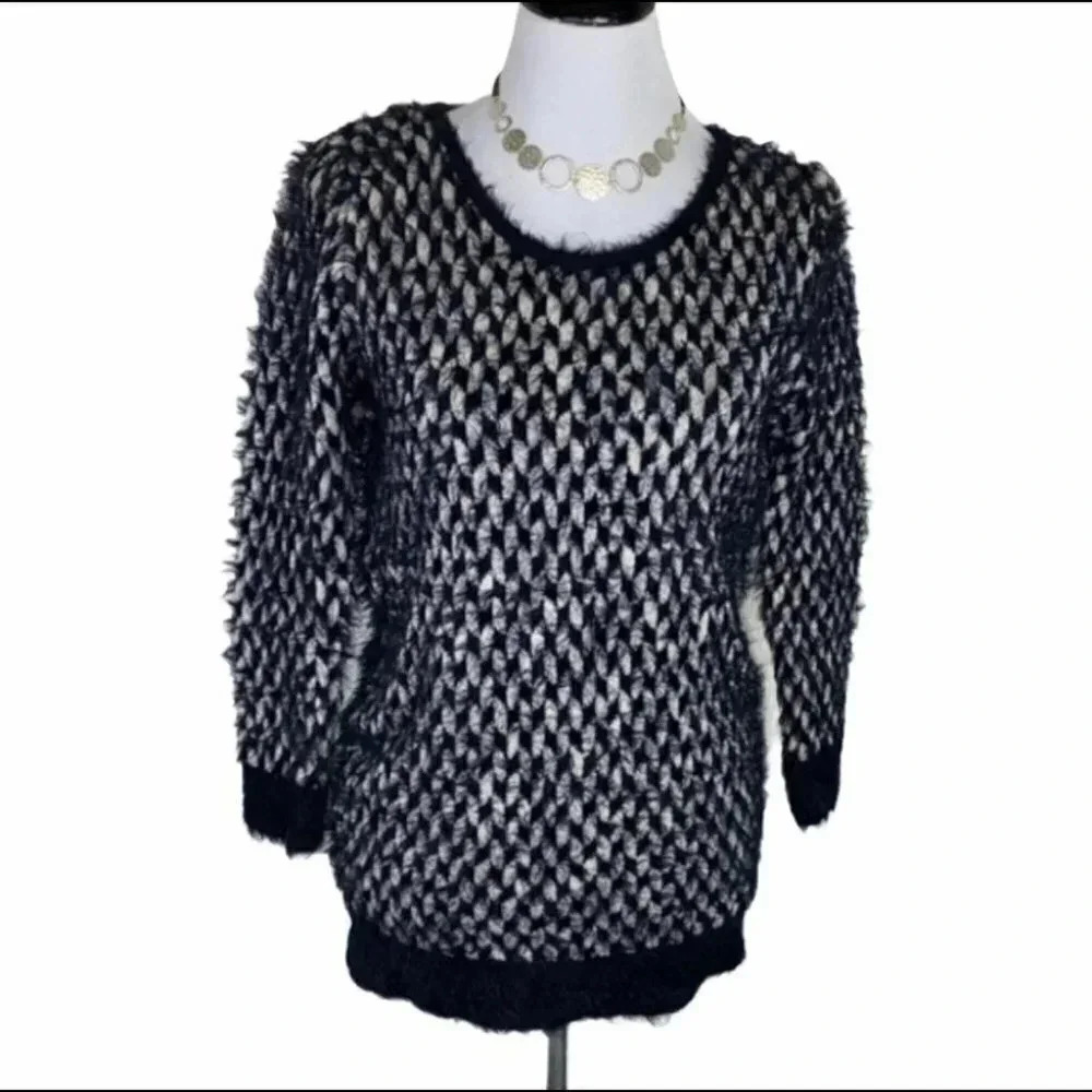 Katsumi Sweater S Black White Fuzzy Eyelash Knit Geometric Scoop Neck Pullover